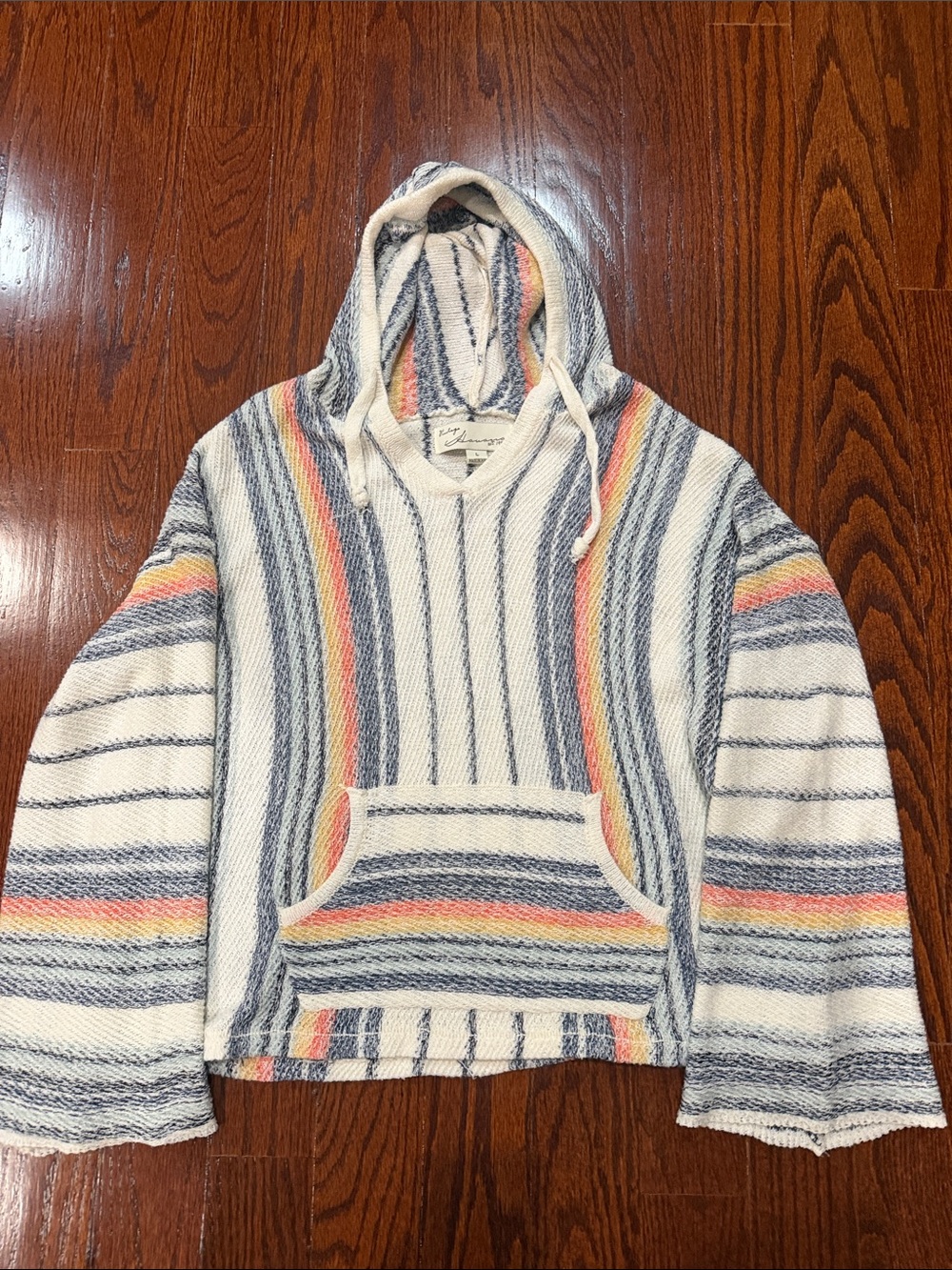 Hooded Baja Sweater - Cream Blue, Pink & Yellow Stripes Vintage Havana size L